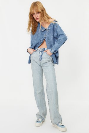 Голубые летние широкие джинсы из тонкой ткани с высокой талией , синий Trendyol
