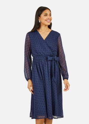 Mela Темно-синее платье миди с длинными рукавами и запахом Apple Dobby Spot