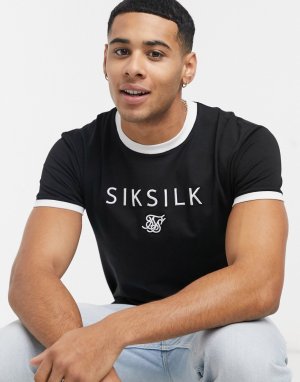 Черная спортивная футболка с прямым низом, логотипом по центру и контрастным воротником -Черный цвет SikSilk