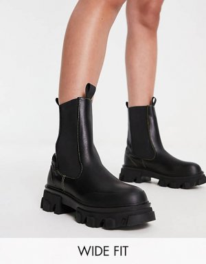 Черные массивные ботинки челси с контрастной строчкой Wide Fit Wonder Public Desire